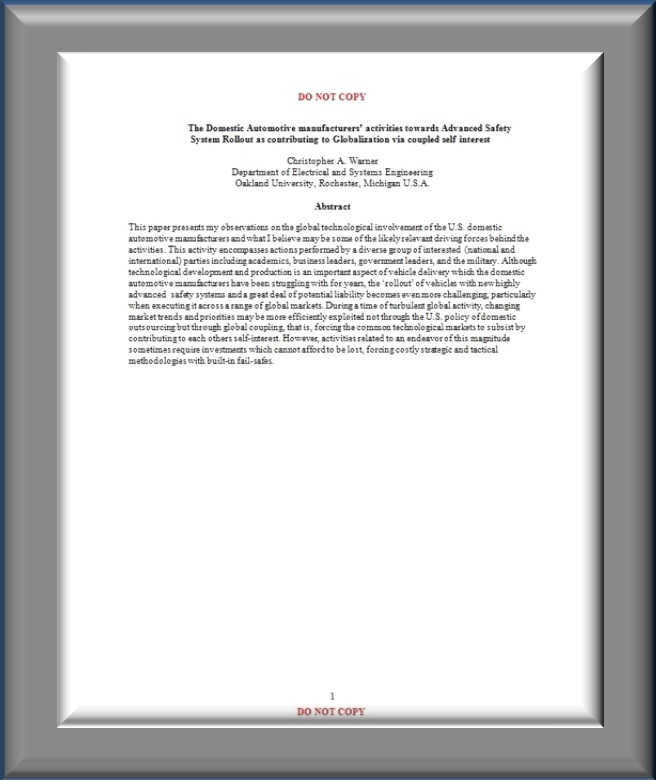 Title and abstract page of "The Domestic Automotive manufacturers' activities towards Advanced Safety System Rollout as contributing to Globalization via coupled self-interest"