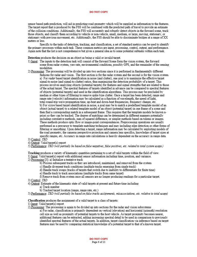 Description of detection, tracking and classification in terms of metrics input, processing, control, output and performance