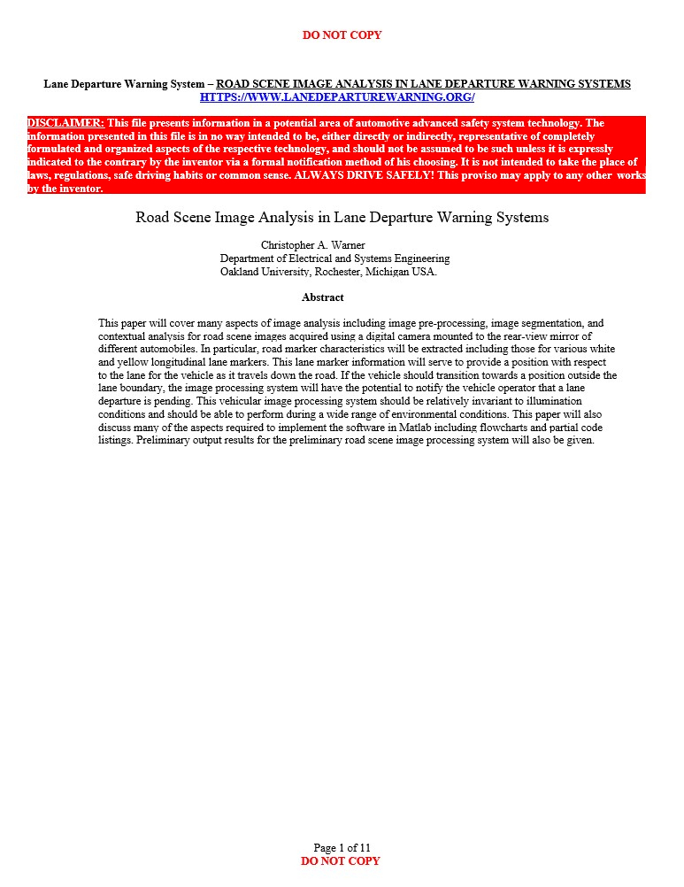 Title page of "Road Scene Image Analysis in Lane Departure Warning Systems"