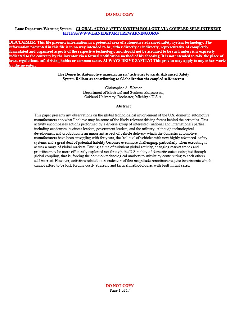 Title and abstract page of "The Domestic Automotive manufacturers' activities towards Advanced Safety System Rollout as contributing to Globalization via coupled self-interest"