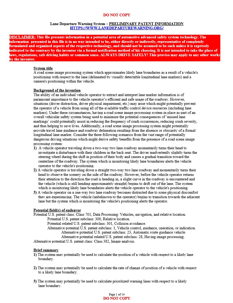 Preliminary Patent Information including system title, background of the invention, potential field of endeavor(s), brief summary