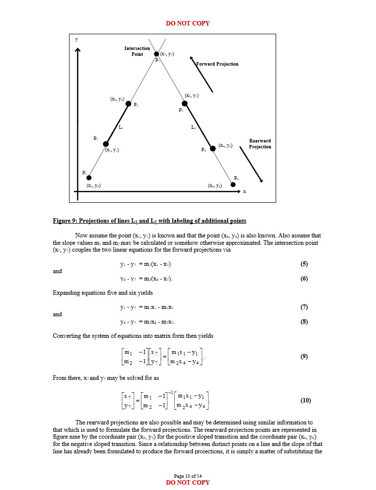 Projection of lines L1 and L2 with labelling of additional points and forward and rearward projections with coupled equations