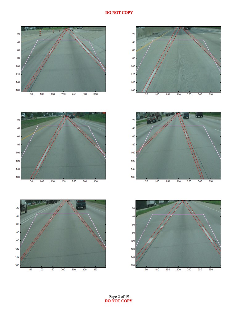 Second road scene images with varying environmental conditions showing likely longitudinal lane boundary projections
