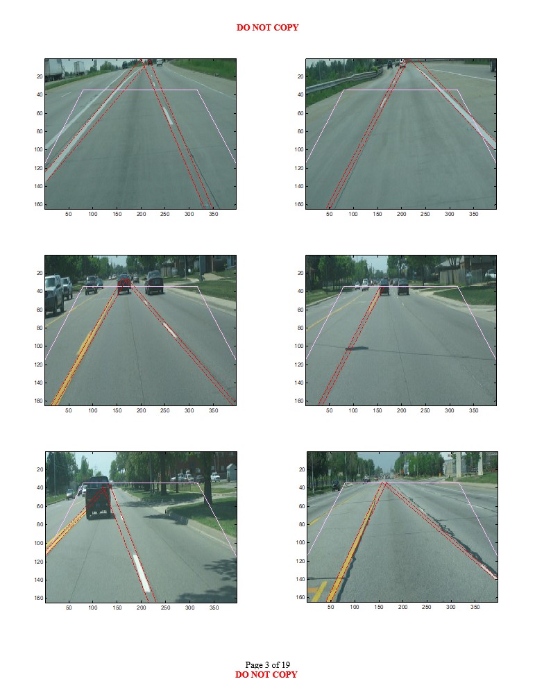 Third road scene images with varying environmental conditions showing likely longitudinal lane boundary projections