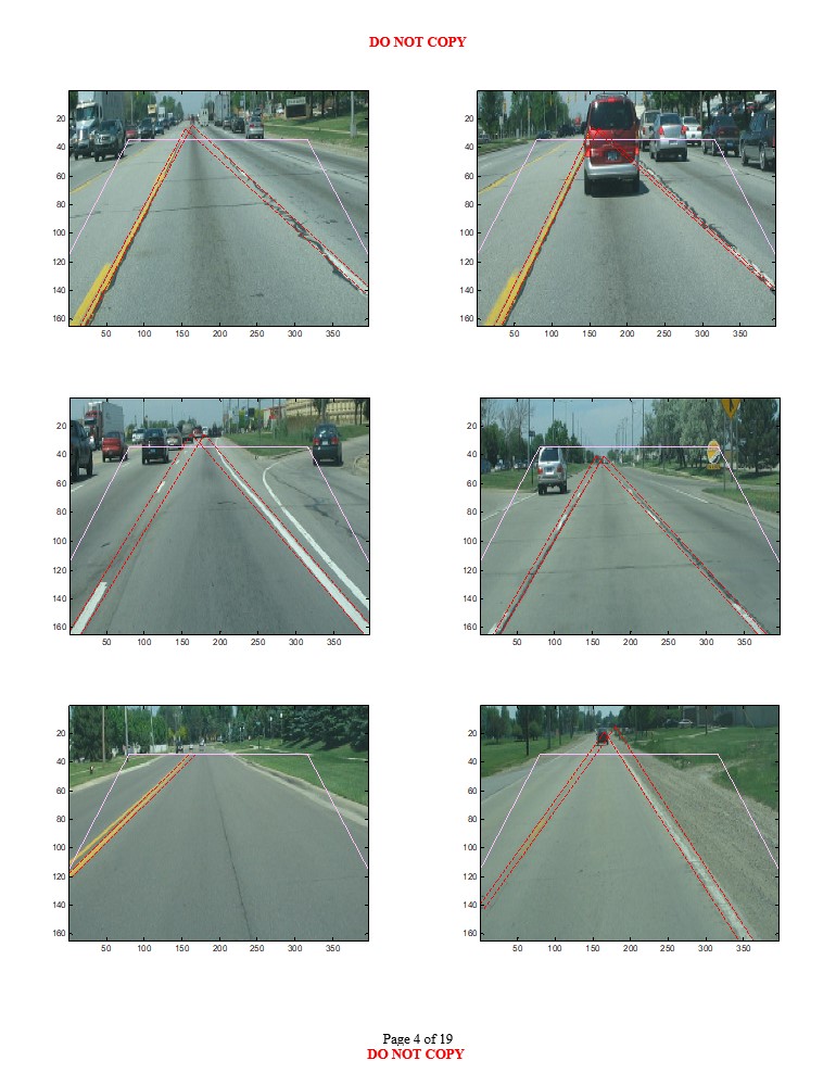 Fourth road scene images with varying environmental conditions showing likely longitudinal lane boundary projections