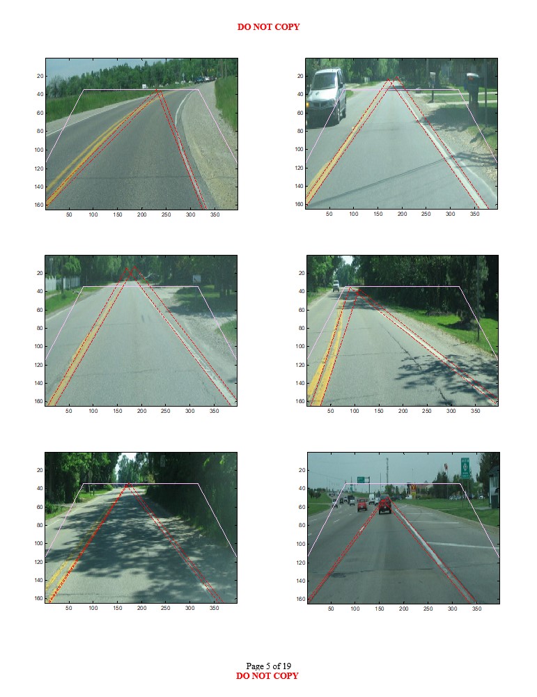 Fifth road scene images with varying environmental conditions showing likely longitudinal lane boundary projections