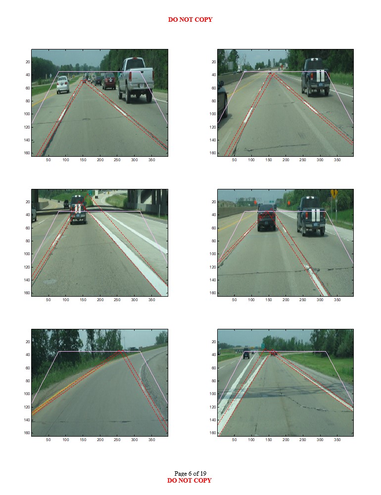 Sixth road scene images with varying environmental conditions showing likely longitudinal lane boundary projections