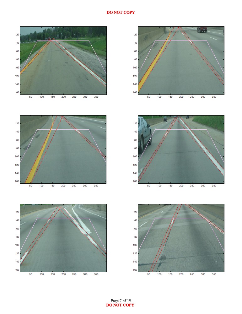 Seventh road scene images with varying environmental conditions showing likely longitudinal lane boundary projections