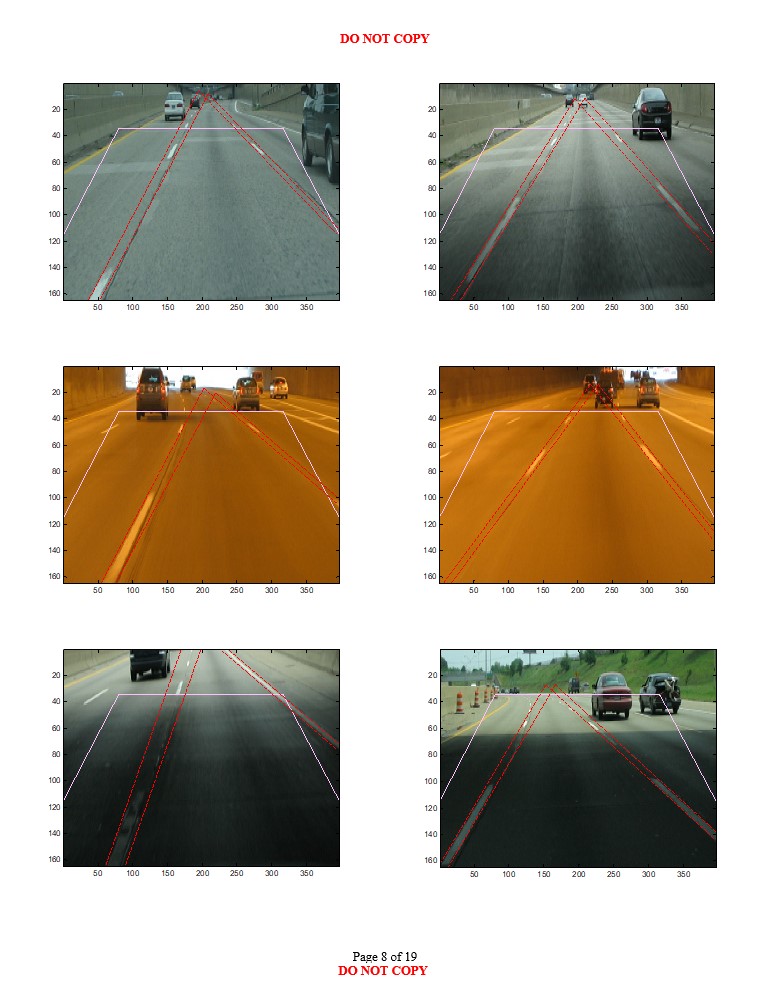 Eighth road scene images with varying environmental conditions showing likely longitudinal lane boundary projections