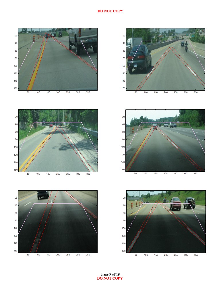 Ninth road scene images with varying environmental conditions showing likely longitudinal lane boundary projections