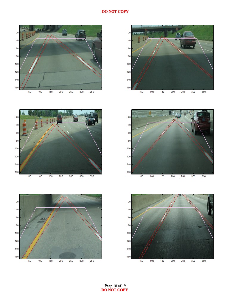 Tenth road scene images with varying environmental conditions showing likely longitudinal lane boundary projections