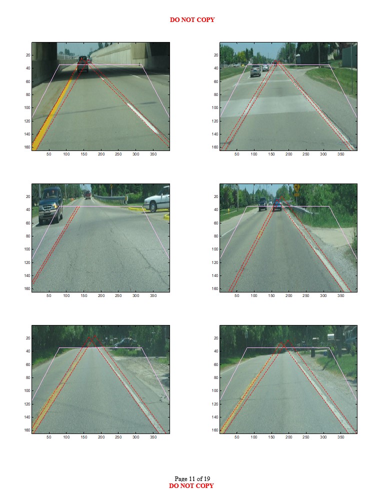 Eleventh road scene images with varying environmental conditions showing likely longitudinal lane boundary projections