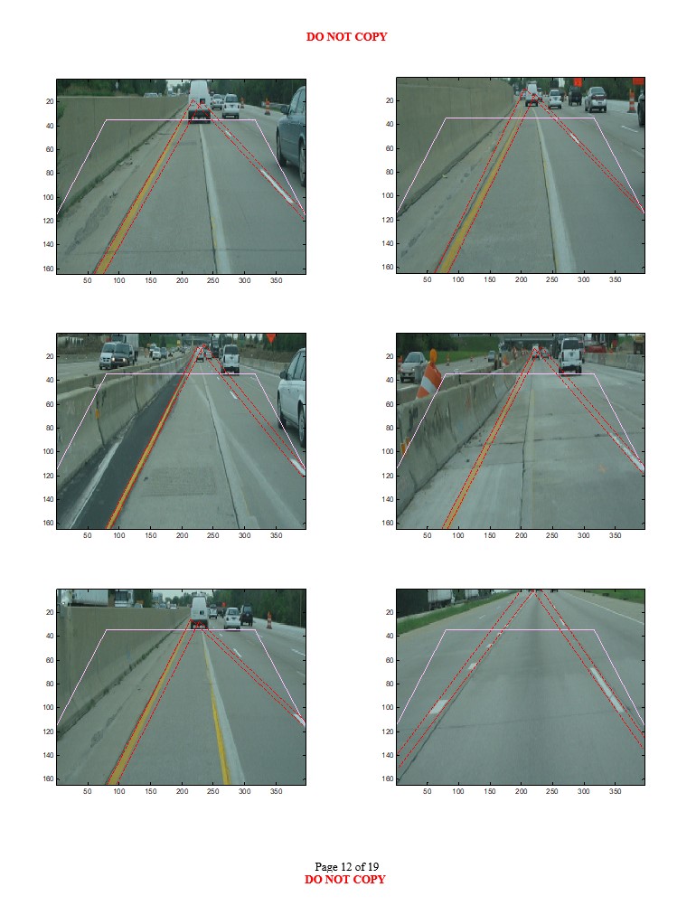 Twelfth road scene images with varying environmental conditions showing likely longitudinal lane boundary projections