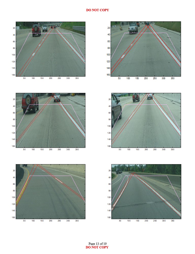 Thirteenth road scene images with varying environmental conditions showing likely longitudinal lane boundary projections