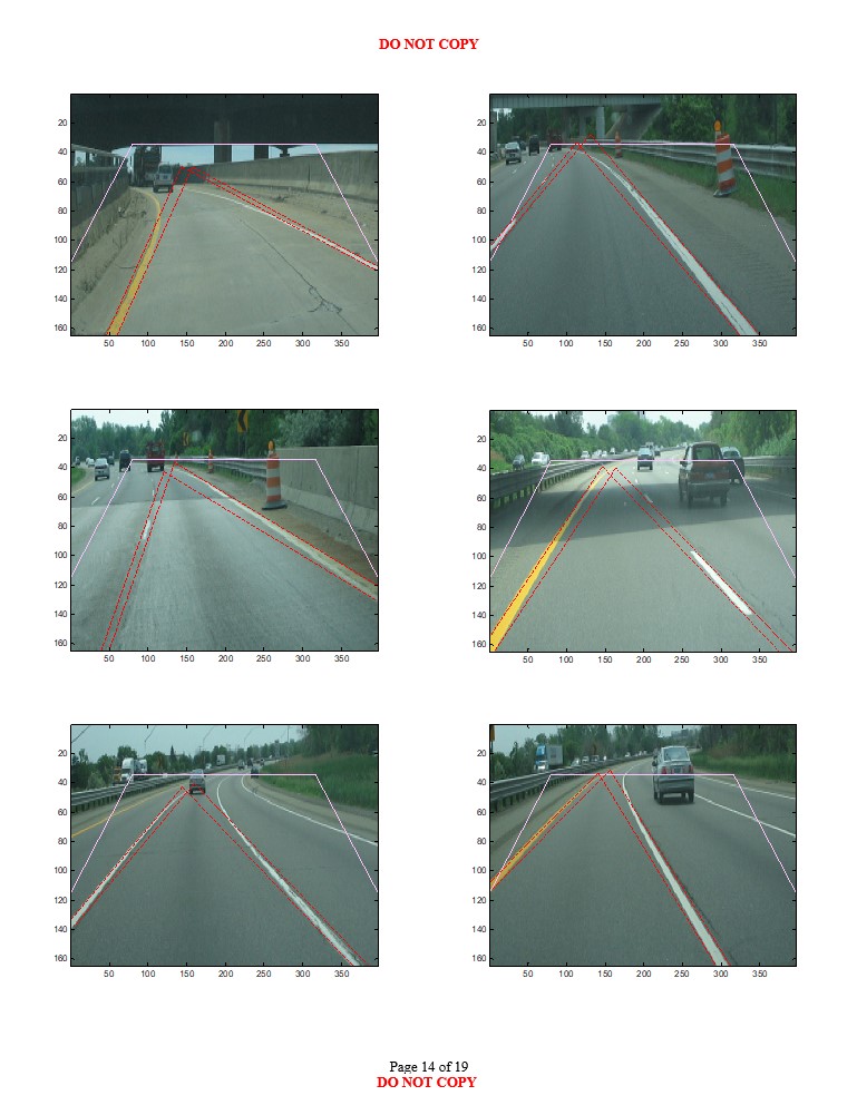 Fourteenth road scene images with varying environmental conditions showing likely longitudinal lane boundary projections