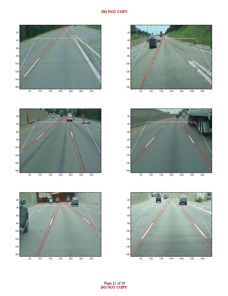 Fifteenth road scene images with varying environmental conditions showing likely longitudinal lane boundary projections