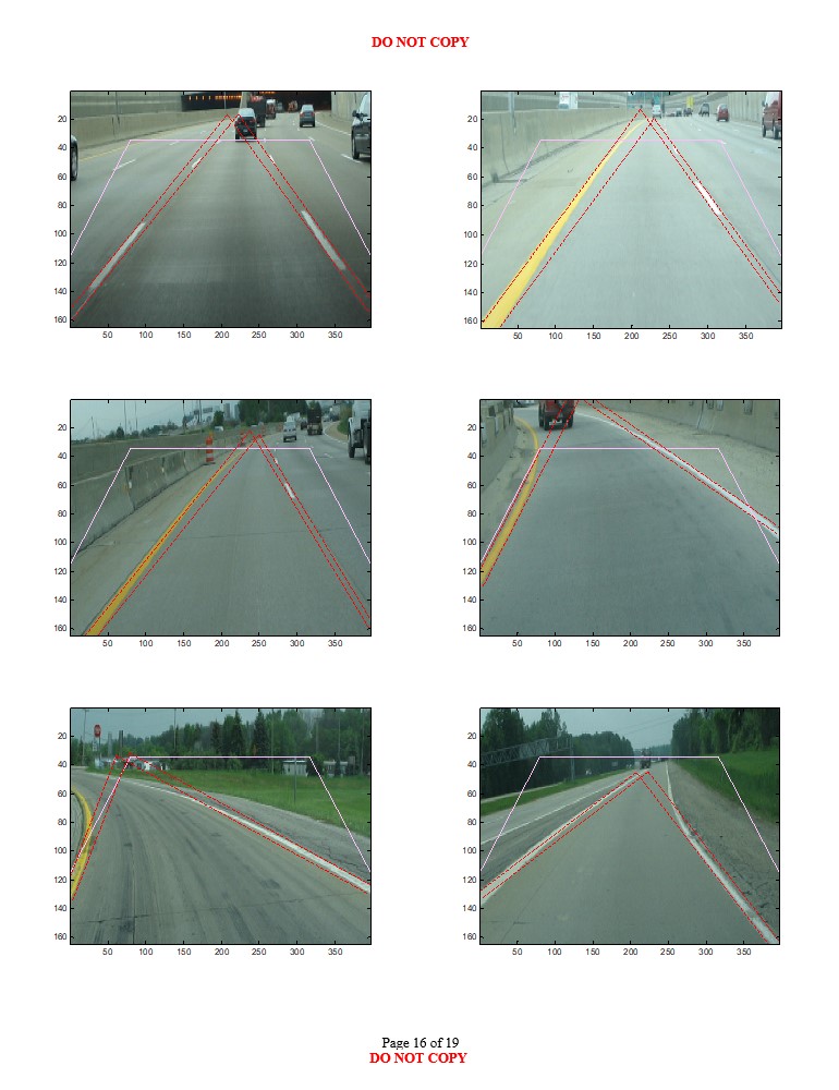 Sixteenth road scene images with varying environmental conditions showing likely longitudinal lane boundary projections