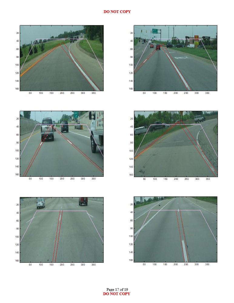Seventeenth road scene images with varying environmental conditions showing likely longitudinal lane boundary projections