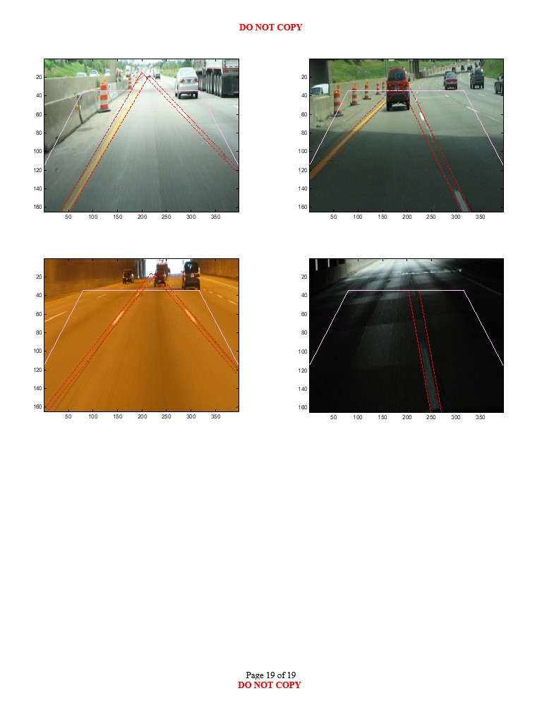 Nineteenth road scene images with varying environmental conditions showing likely longitudinal lane boundary projections