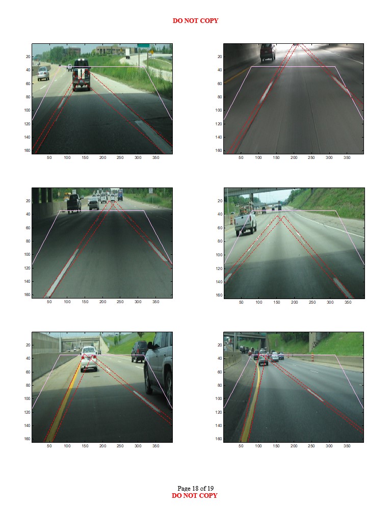 Eighteenth road scene images with varying environmental conditions showing likely longitudinal lane boundary projections