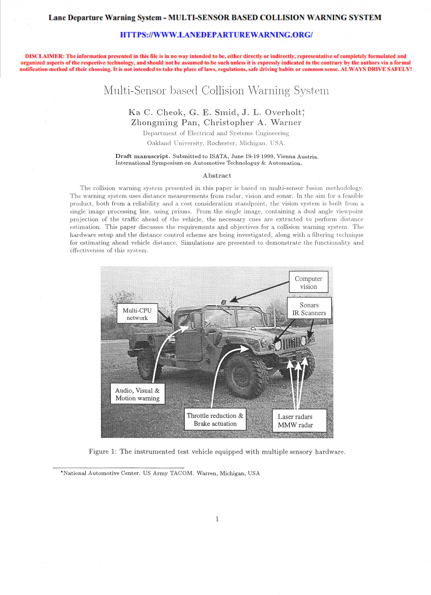 Title and abstract page of "Multi-Sensor based Collision Warning System"