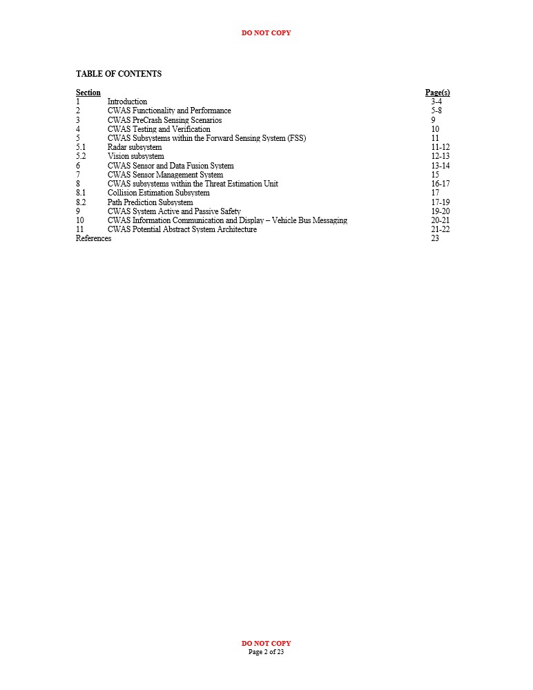 Table of Contents of "A Systems Engineering Approach to Multi-Sensor based Collision Warning and Avoidance Systems"