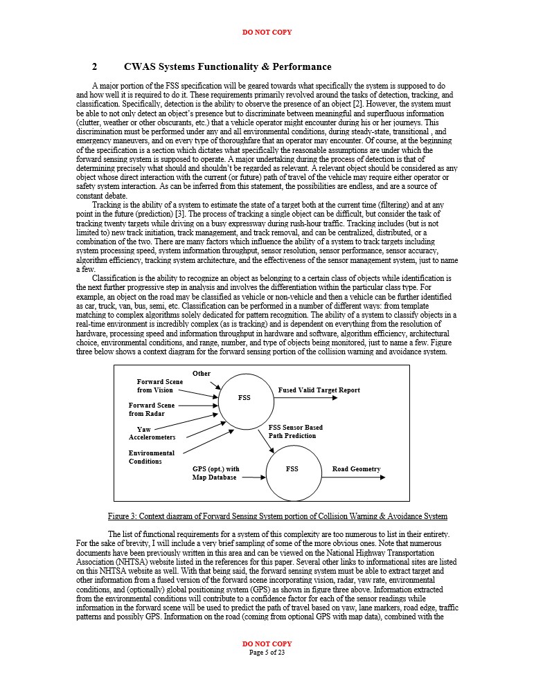 Description on a Collision Warning and Avoidance Systems Functionality and Performance including a context diagram