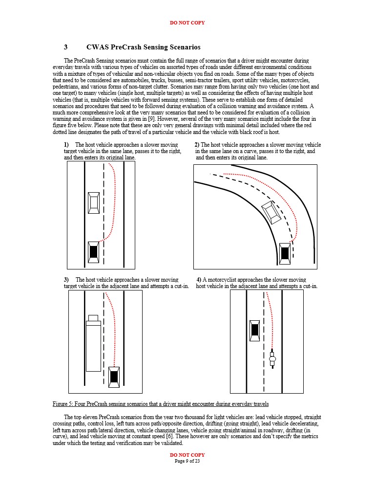 Description of CWAS Pre-crash Sensing Scenarios for various vehicle driving circumstances