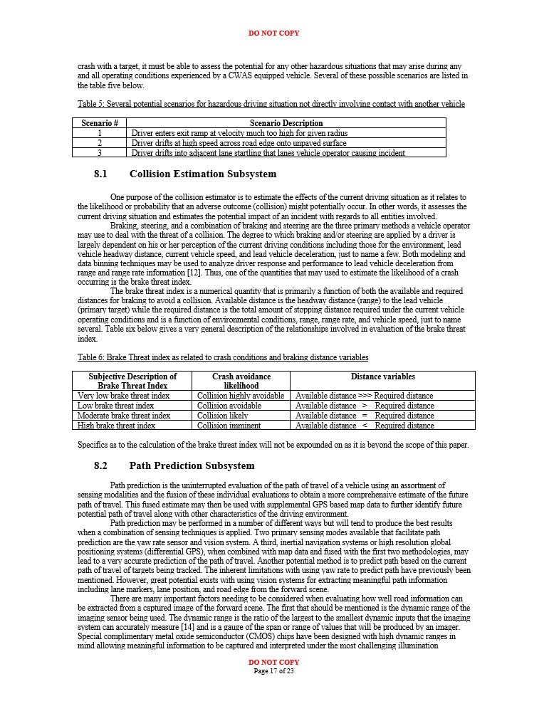 Potential Scenarios for hazardous driving, Collision Estimation Subsystem and Path Prediction Subsystem