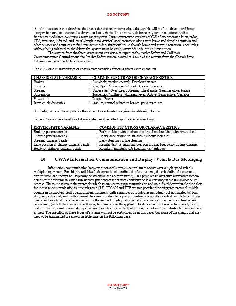 Chassis state and driver state variables and CWAS Information Communication and Display; Vehicle Bus Messaging