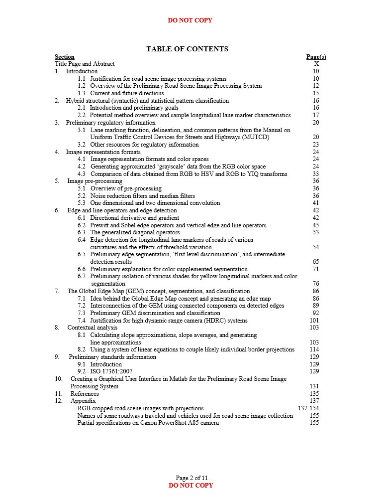 Table of Contents of "Road Scene Image Analysis in Lane Departure Warning Systems"