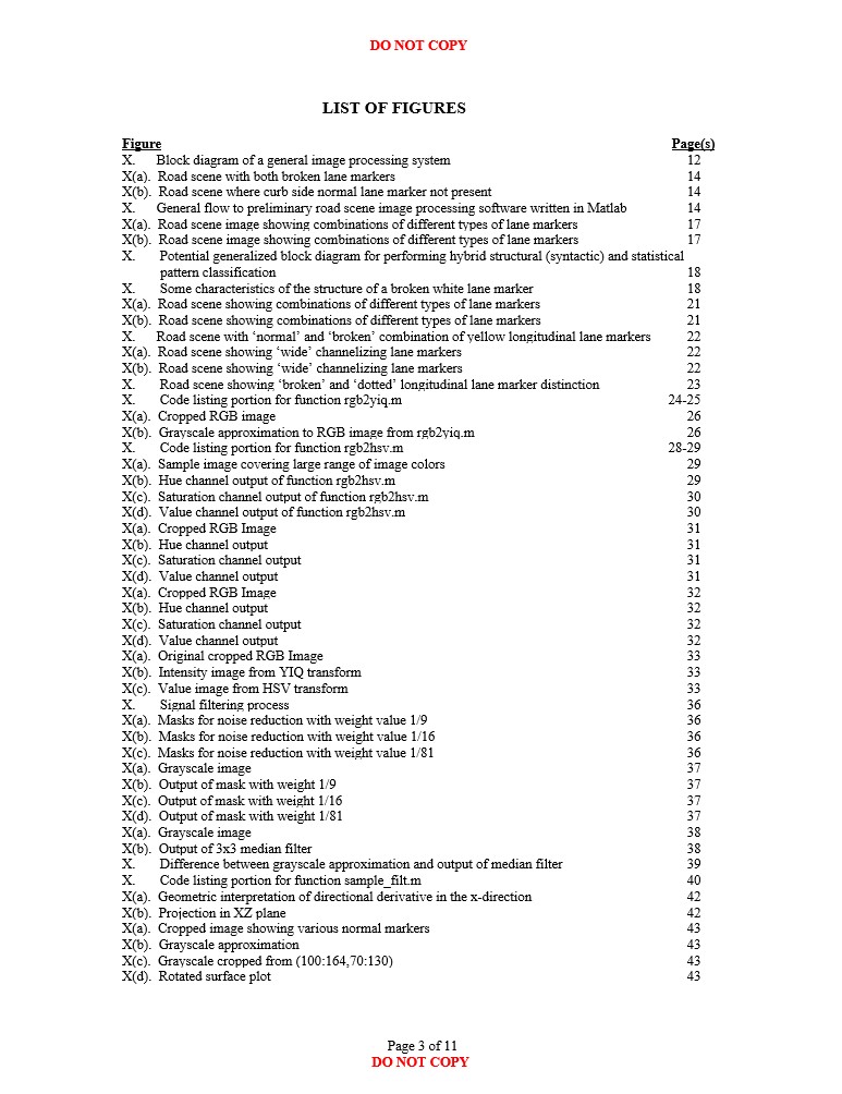 First list of figures page of "Road Scene Image Analysis in Lane Departure Warning Systems"