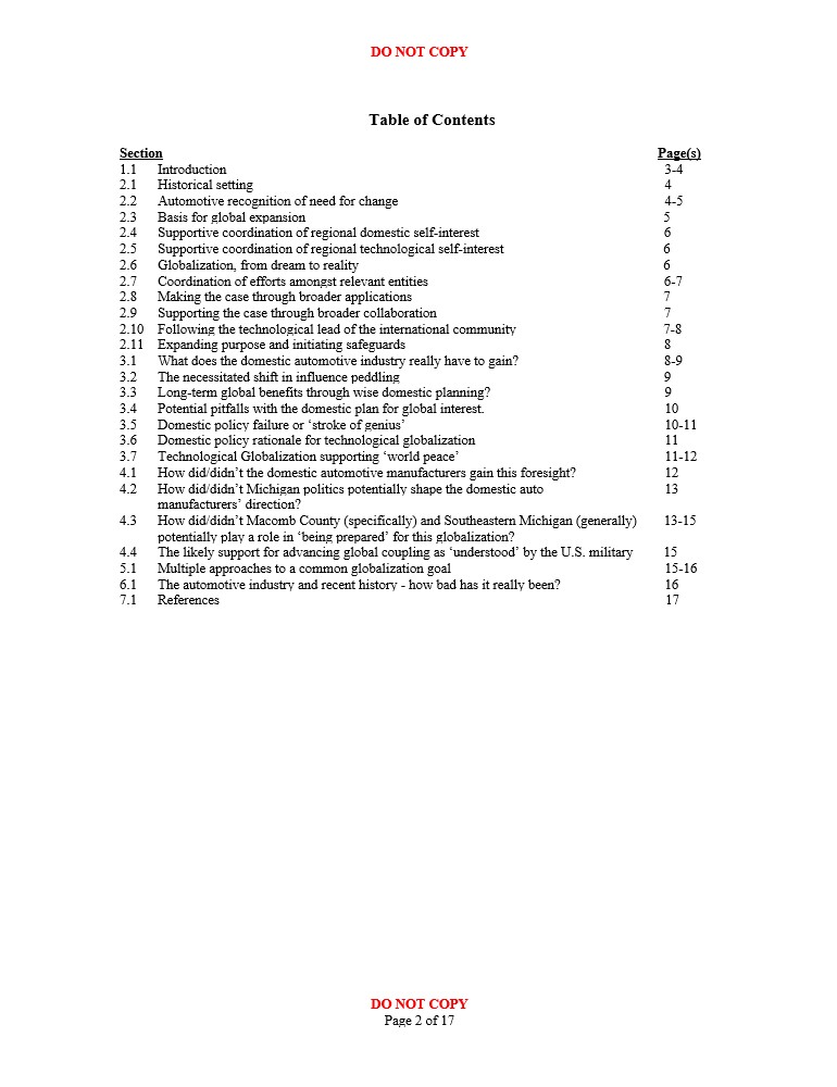 Table of Contents of "The Domestic Automotive manufacturers' activities towards Advanced Safety System Rollout as contributing to Globalization via coupled self-interest"