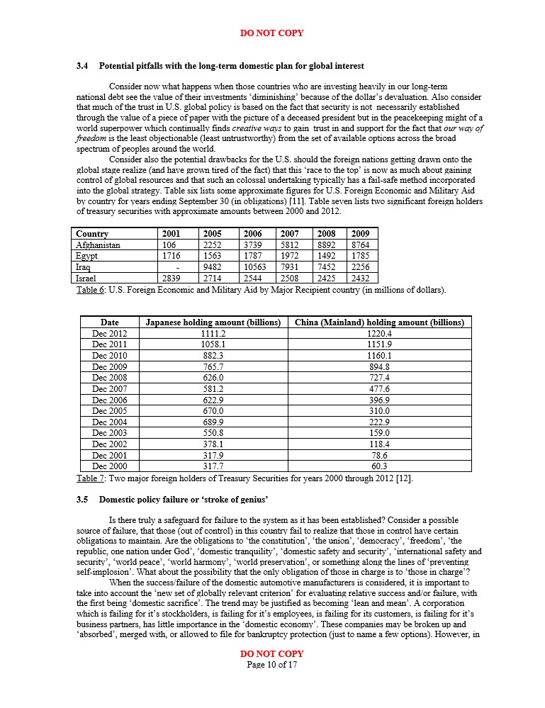 Potential pitfalls with the long-term domestic plan for global interest and some recent data on foreign economic military aid and foreign holders of US Treasury securities