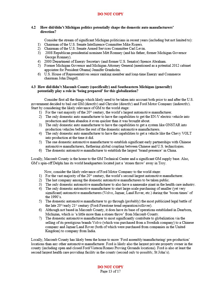 How did/didn't Michigan politics potentially shape the domestic auto manufacturers' direction, how did/didn't Macomb County and southeastern Michigan play a role in 'being prepared' for this globalization